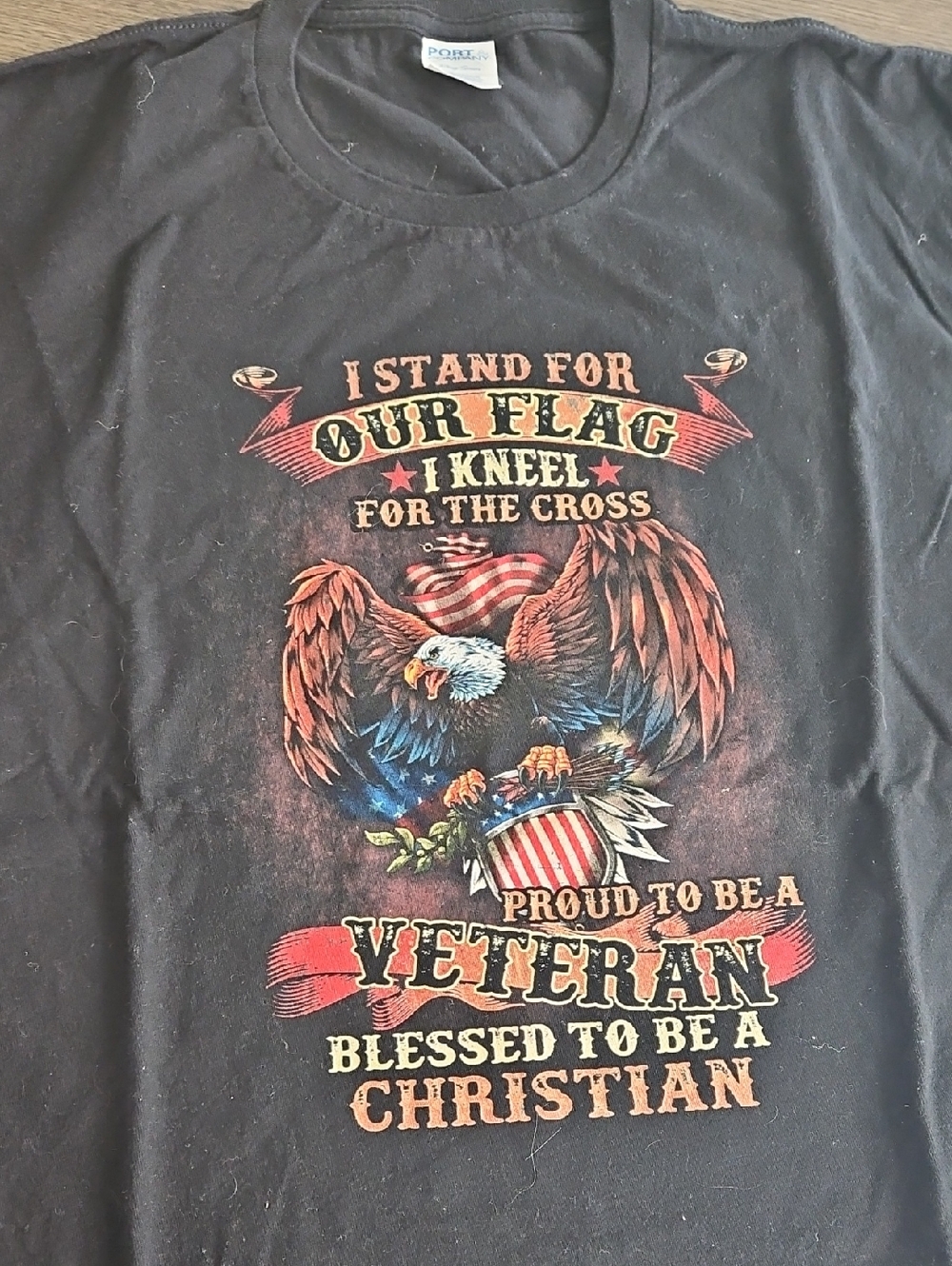 Port and Company Black Patriotic Eagle Veteran Tee with Red, White, Blue Accents